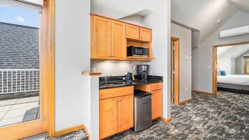 Fridge, microwave, coffee/tea maker, paper towels