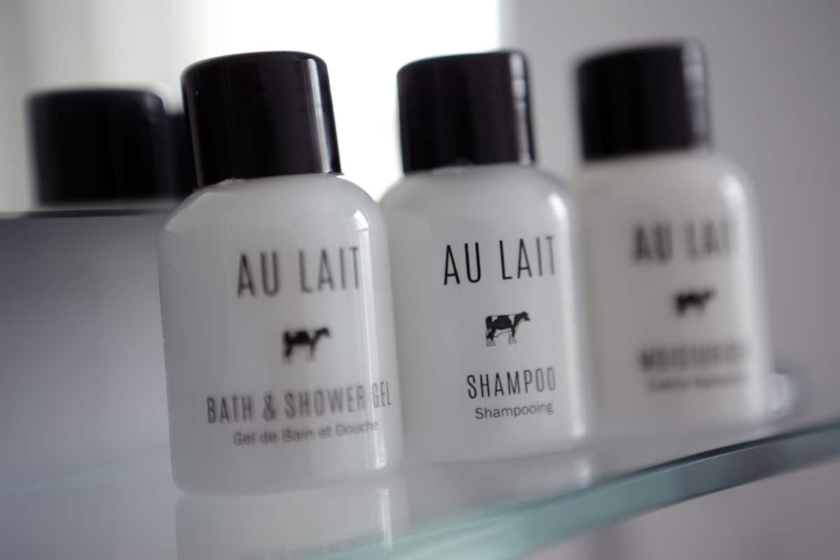 free toiletries, hair dryer, towels