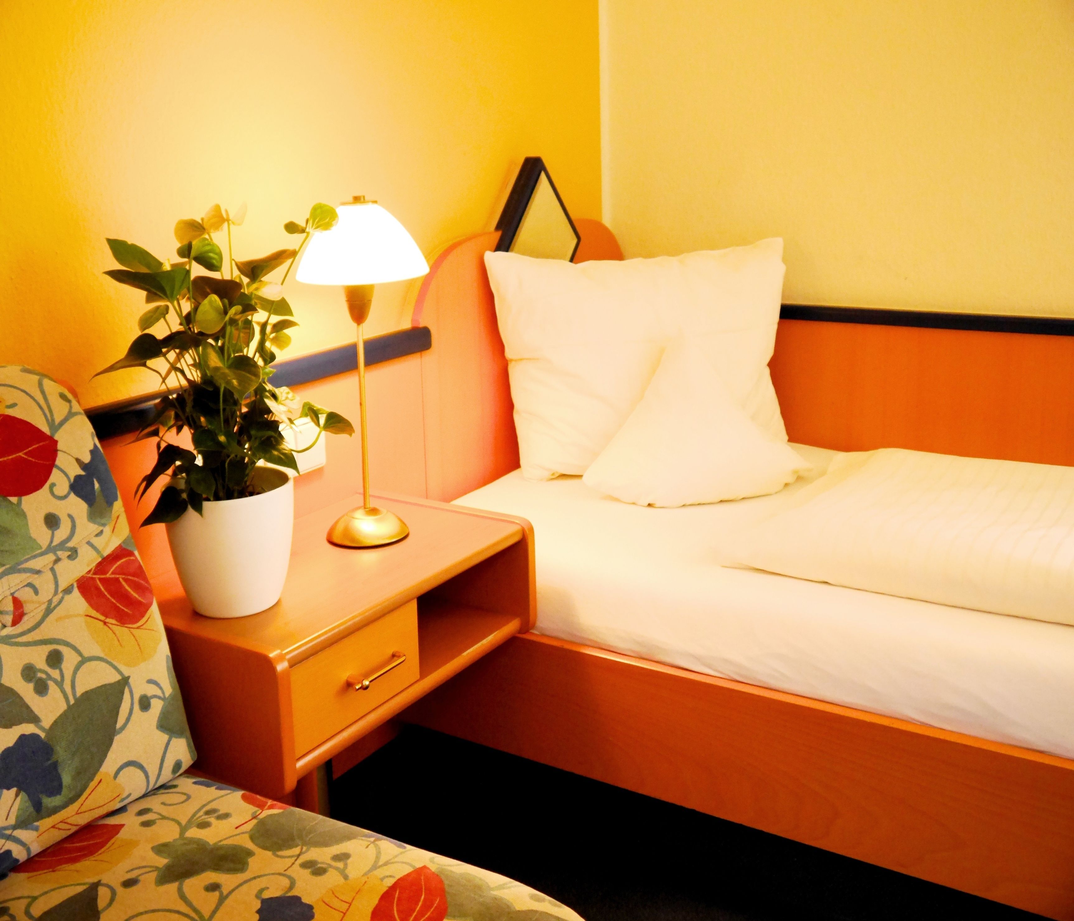 Ein Hotelzimmer mit einem Bett, einem Nachttisch mit Lampe, einer Topfpflanze und einem stuhl mit Blumenmuster.