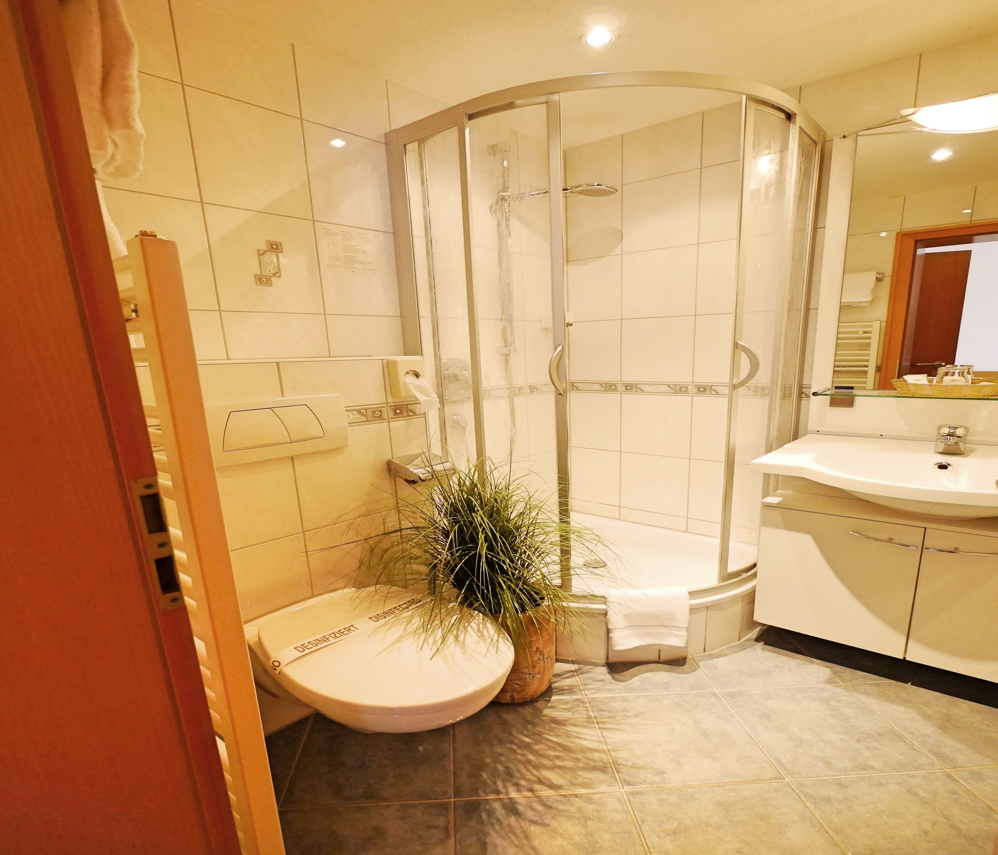 A bathroom with a glass-enclosed shower, a sink, and a toilet.