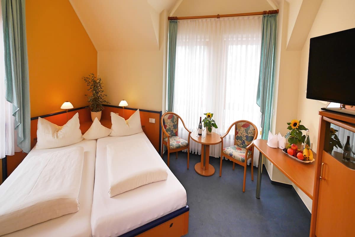 Een hotelkamer met een bed, een televisie, een klein tafeltje met een plantje en een stoel.