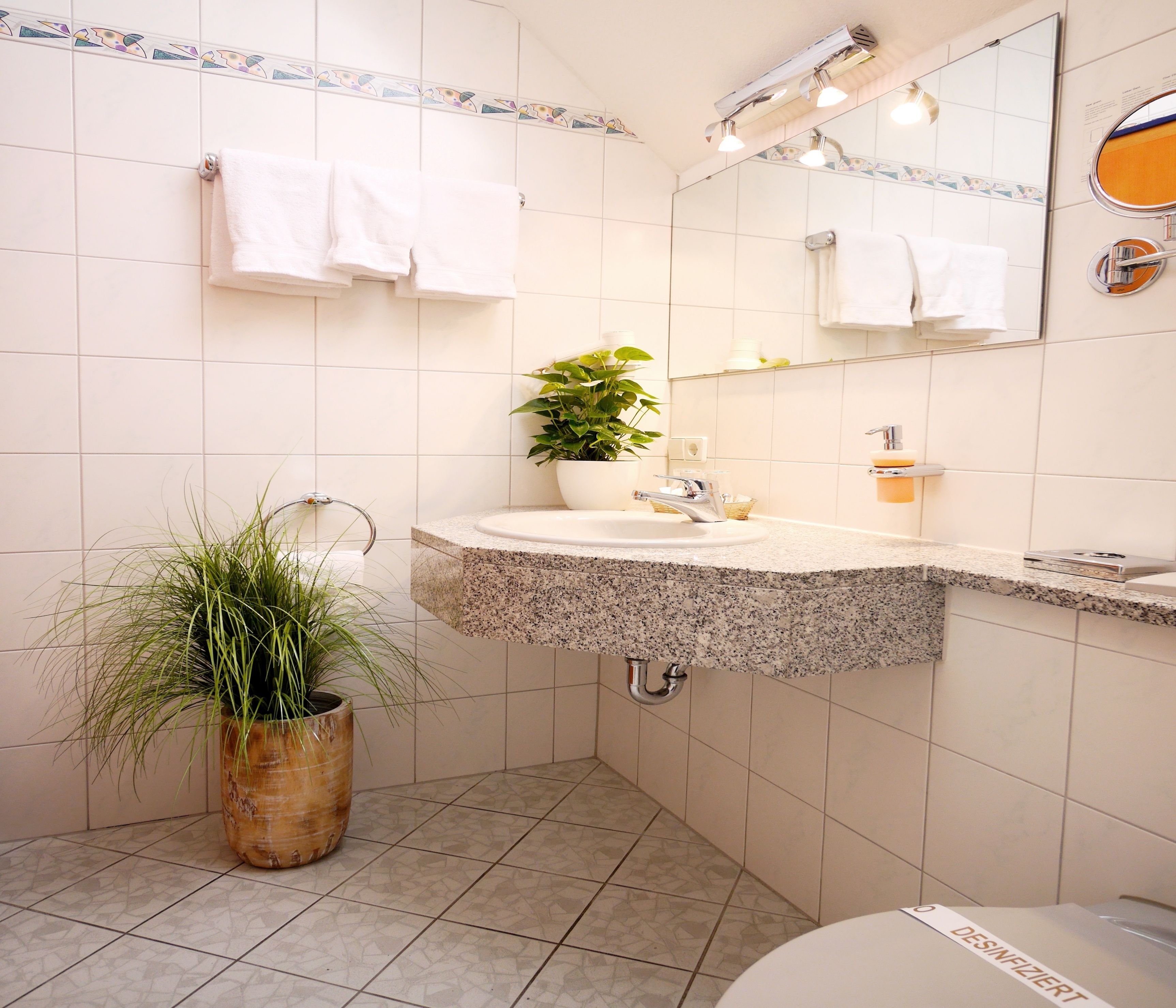 Un baño con lavabo de granito, una planta en maceta, un inodoro y un espejo con toallero.