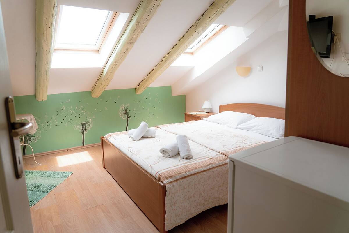 A bedroom with a skylight, a bed with white linens, a bedside table, and a green wall with a dandelion design.