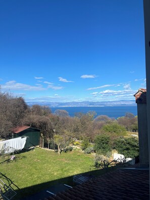 A view from a balcony overlooking a grassy yard with a small shed, a metal fence, and a body of water in the distance.