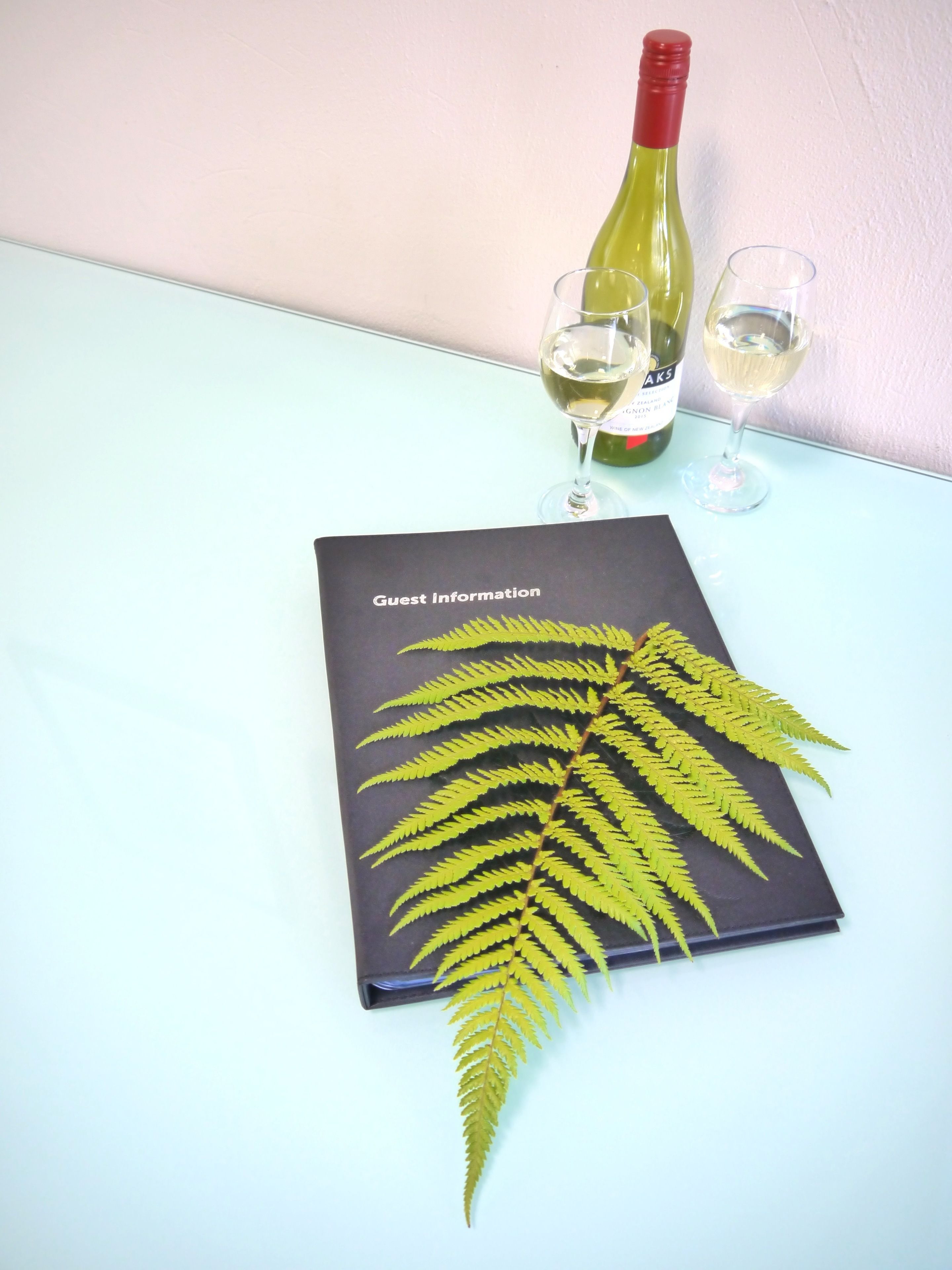 Ein Tisch mit einem Buch mit dem Titel „Information für Gäste“ und einem Farnblatt als Dekoration.