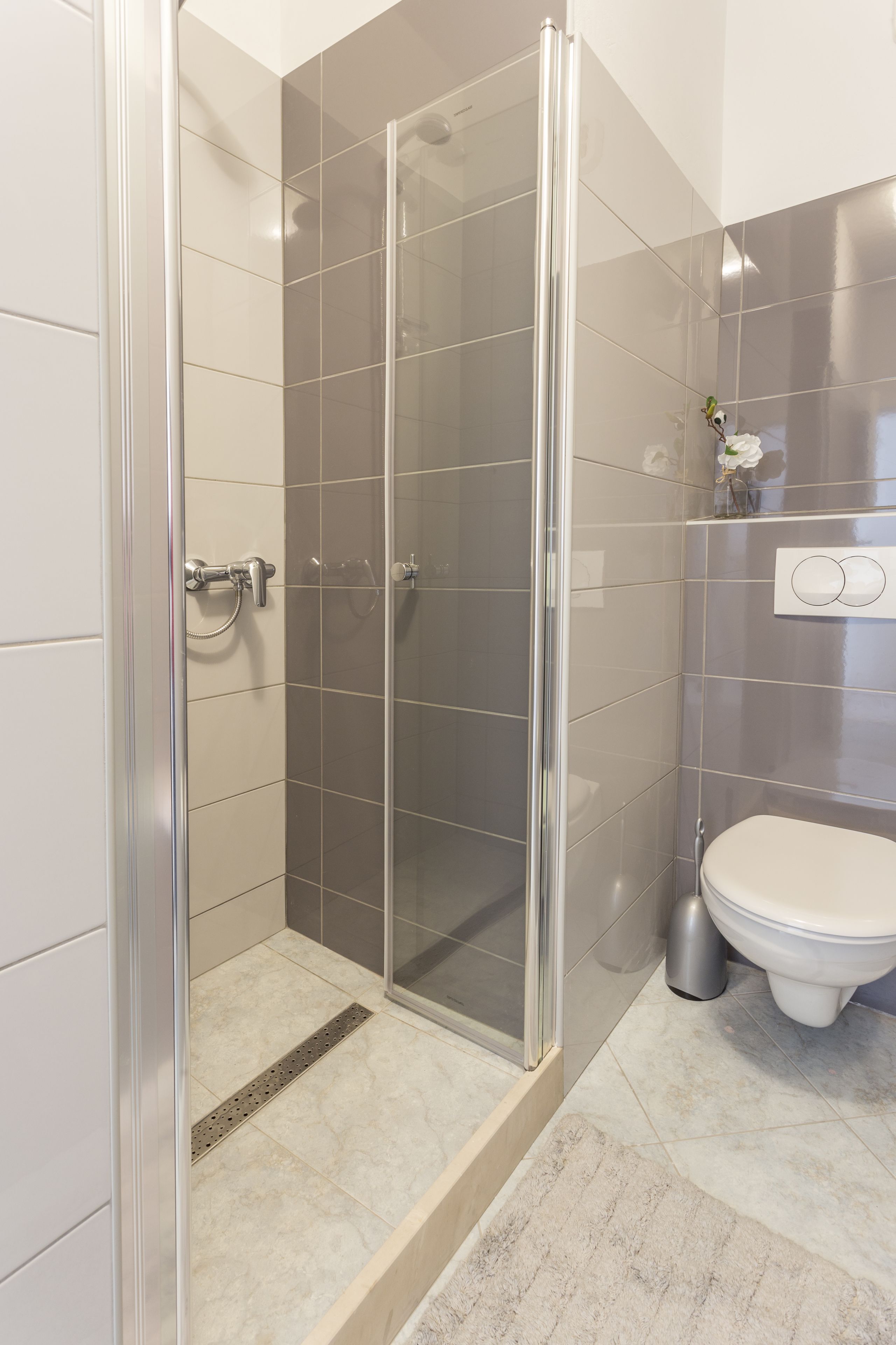 A modern bathroom with a glass-enclosed shower, a toilet, and a wall-mounted sink.