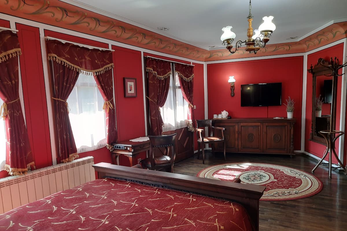 Une chambre comprenant un grand lit, un bureau, une chaise, une télévision et un placard.