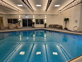 Indoor pool, open 7:30 AM to 8:30 PM, sun loungers