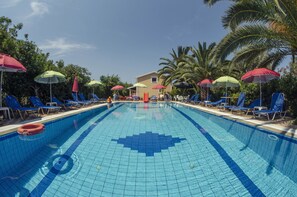 Seasonal outdoor pool, sun loungers