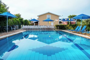 Seasonal outdoor pool, pool loungers