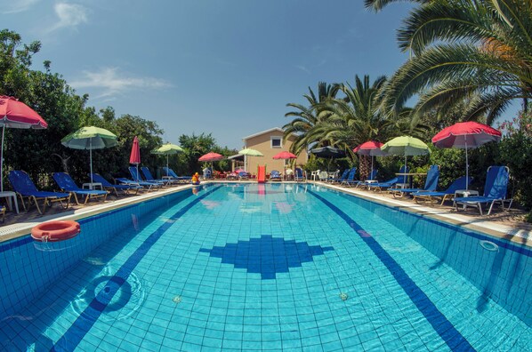 Seasonal outdoor pool, pool loungers