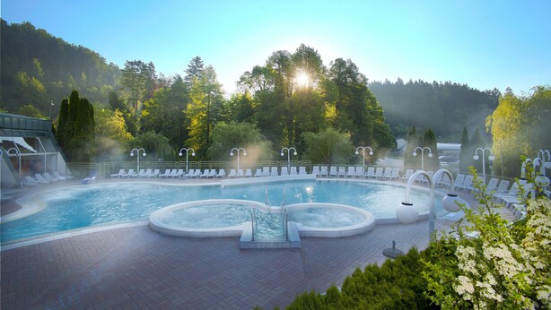 A large outdoor pool with multiple water features, surrounded by lounge chairs and greenery. - Hotel Vesna (Šoštanj)