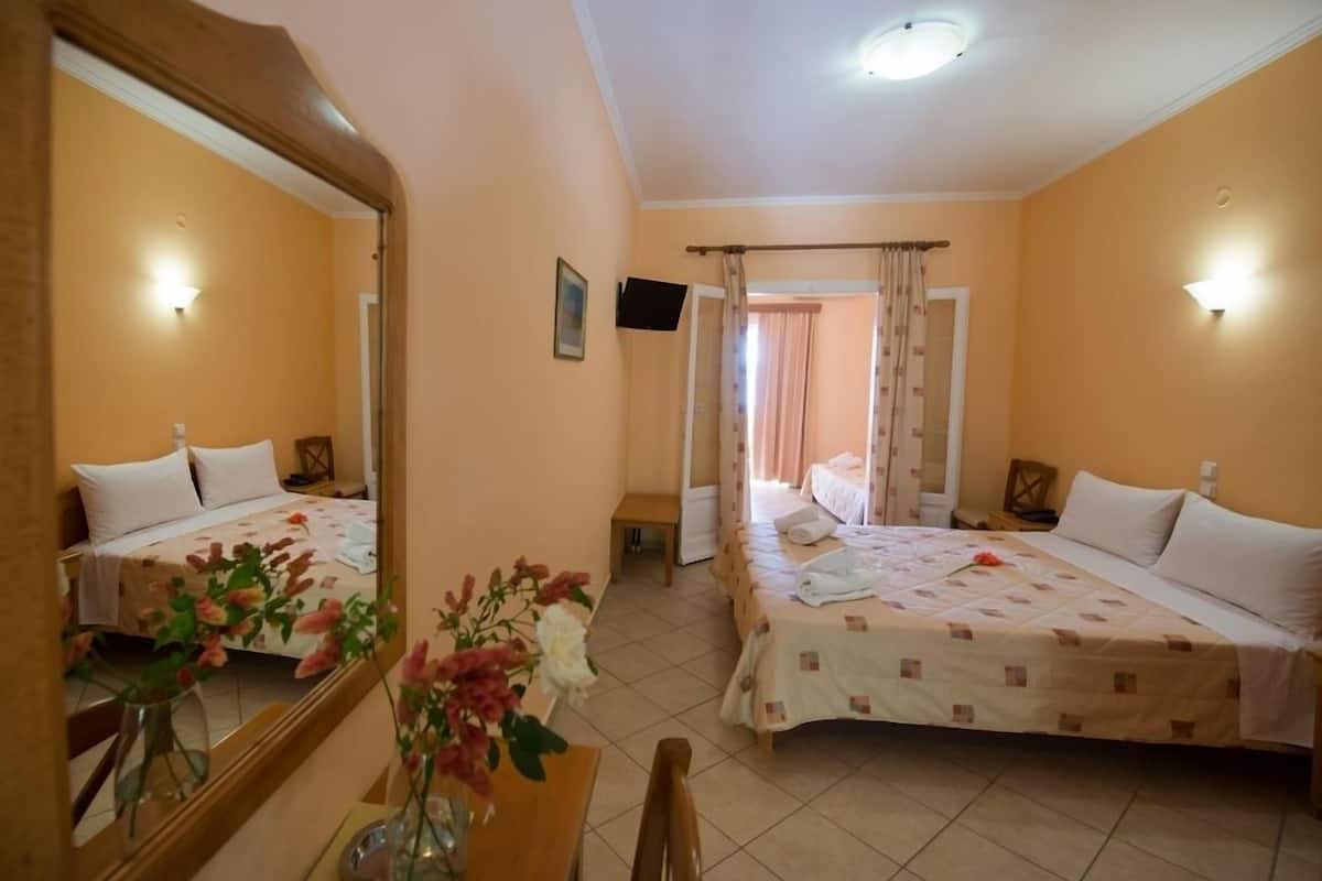 A hotel room with two beds, a mirror, a TV, and a vase with flowers.
