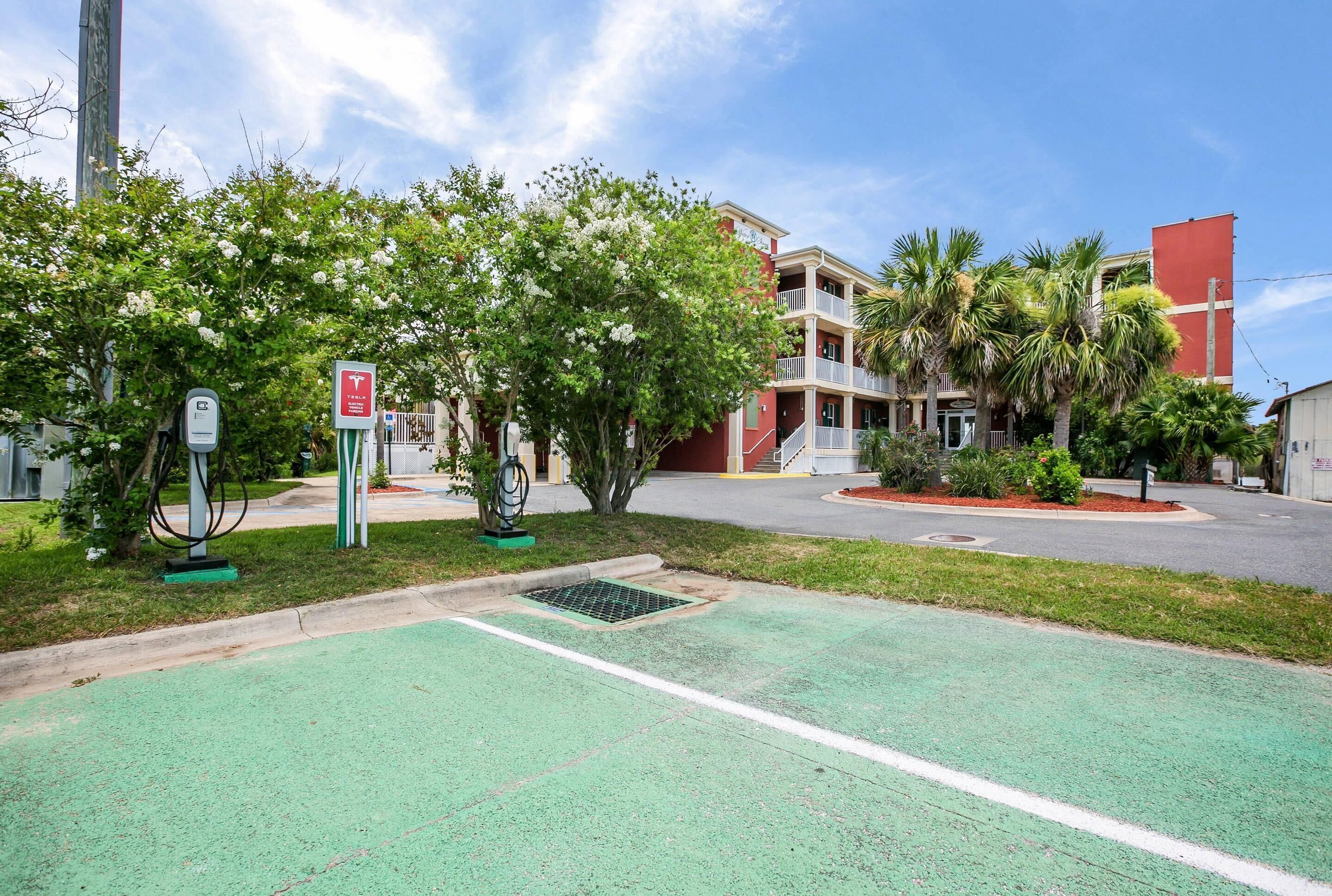 A street view with a green bike lane, a parking meter, and a building with balconies and palm trees.
