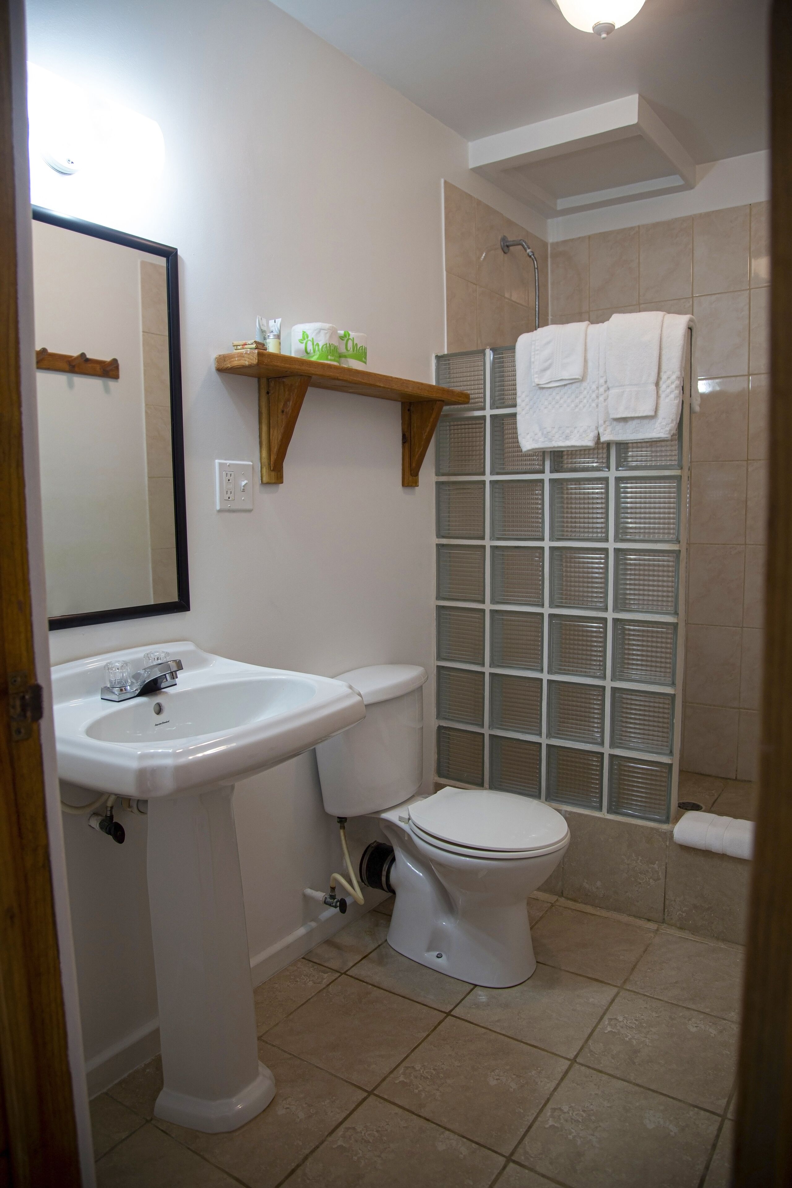 A bathroom with a sink, toilet, and shower area.