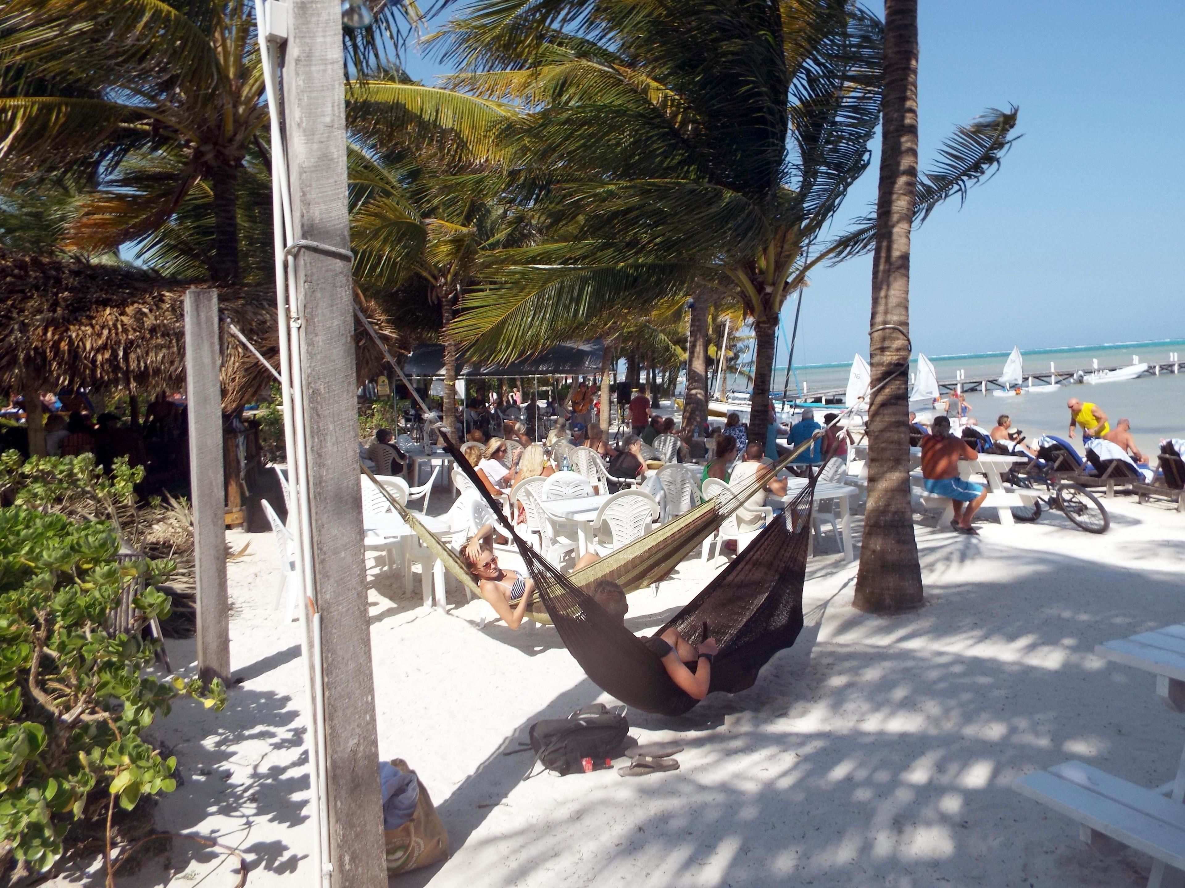Un espace aménagé au bord de la plage, avec des chaises longues blanches et un hamac suspendu sous les palmiers.