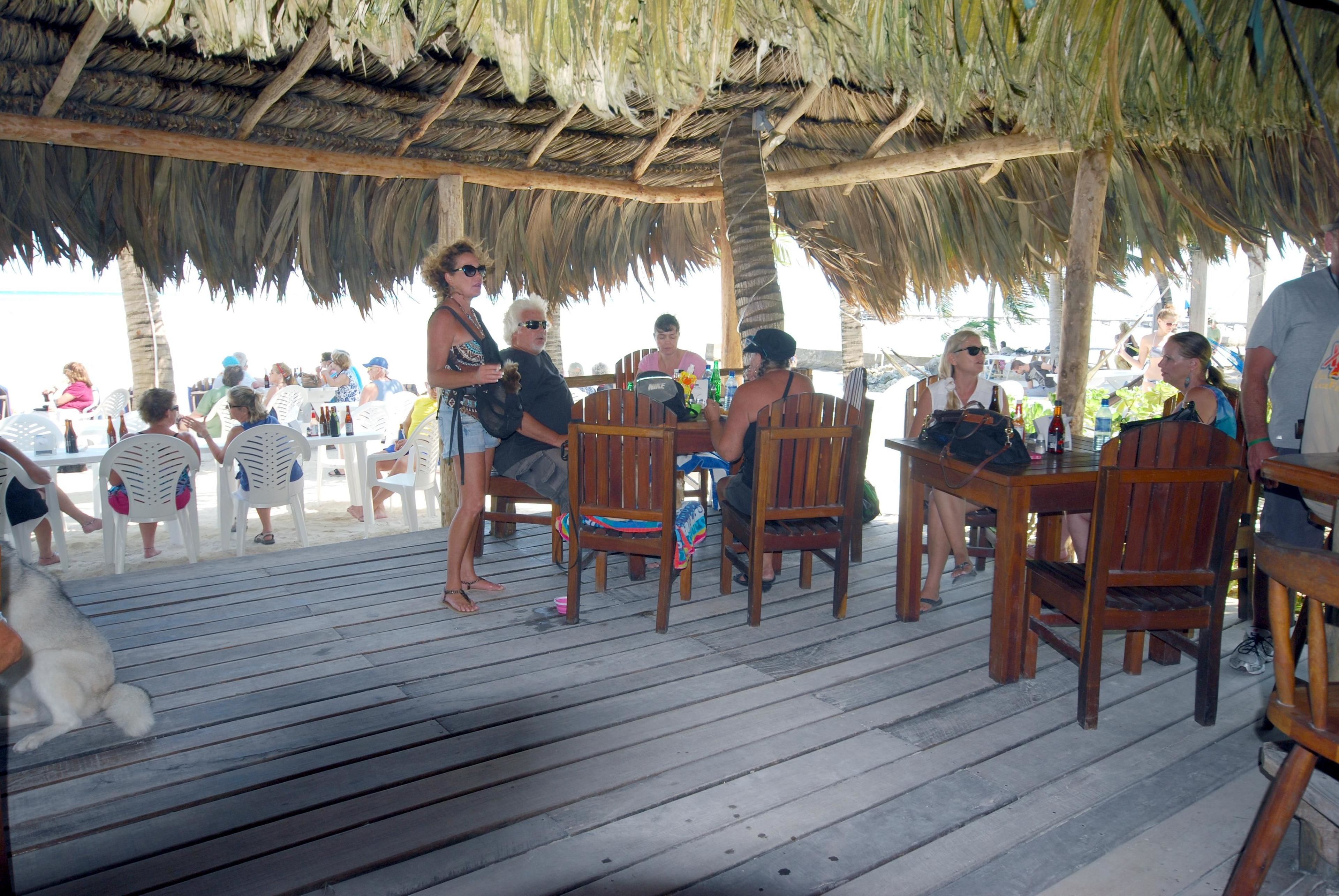 Une terrasse en bois avec des sièges surmontés d’un toit de chaume, entourée de palmiers et offrant une vue sur la plage.