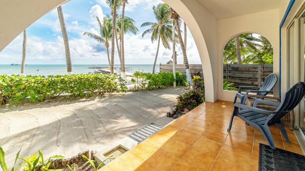Un espacio al aire libre techado con vistas a la playa, palmeras y un cielo despejado.