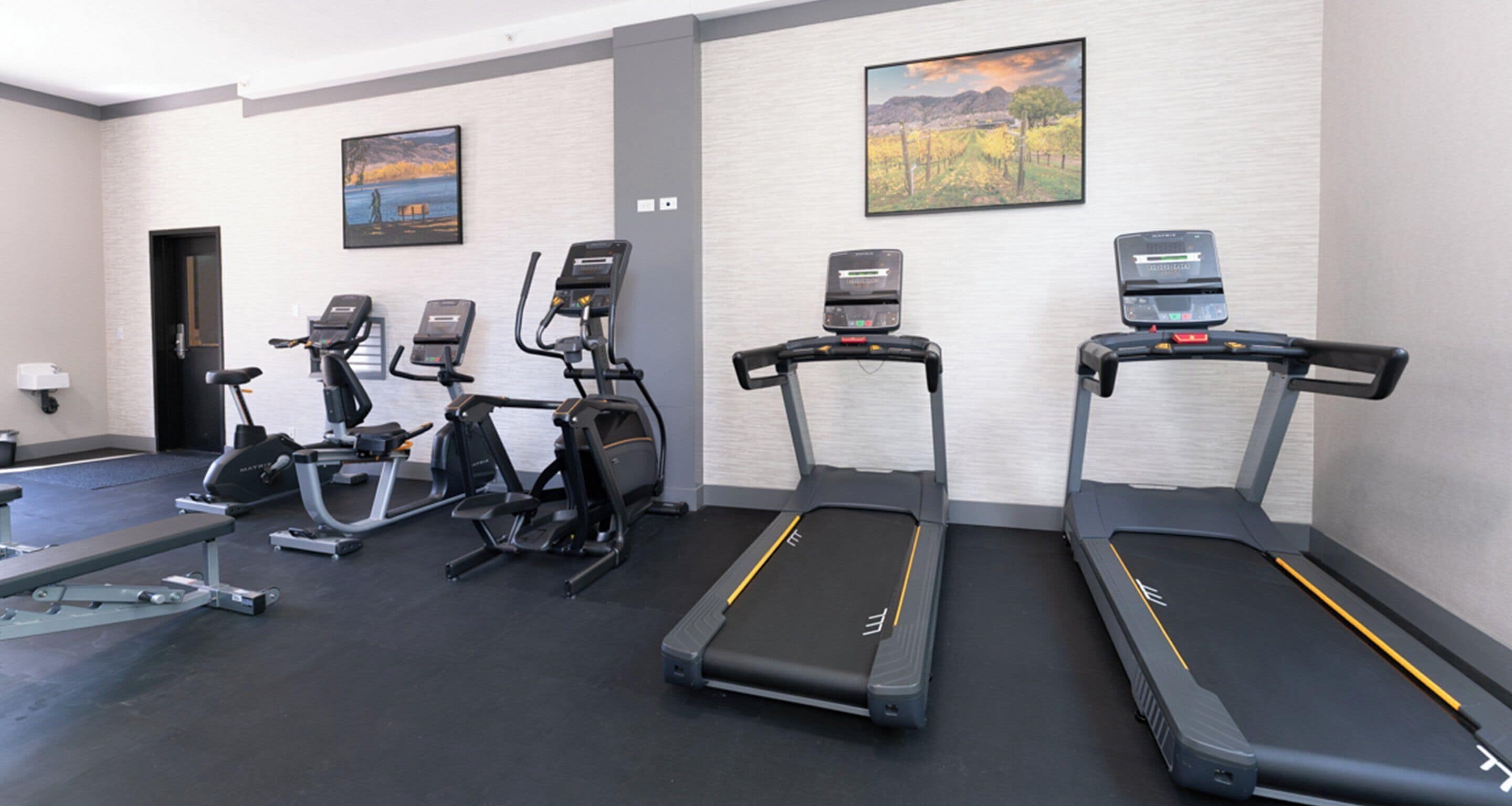 A fitness area with treadmills, elliptical machines, and a bench.