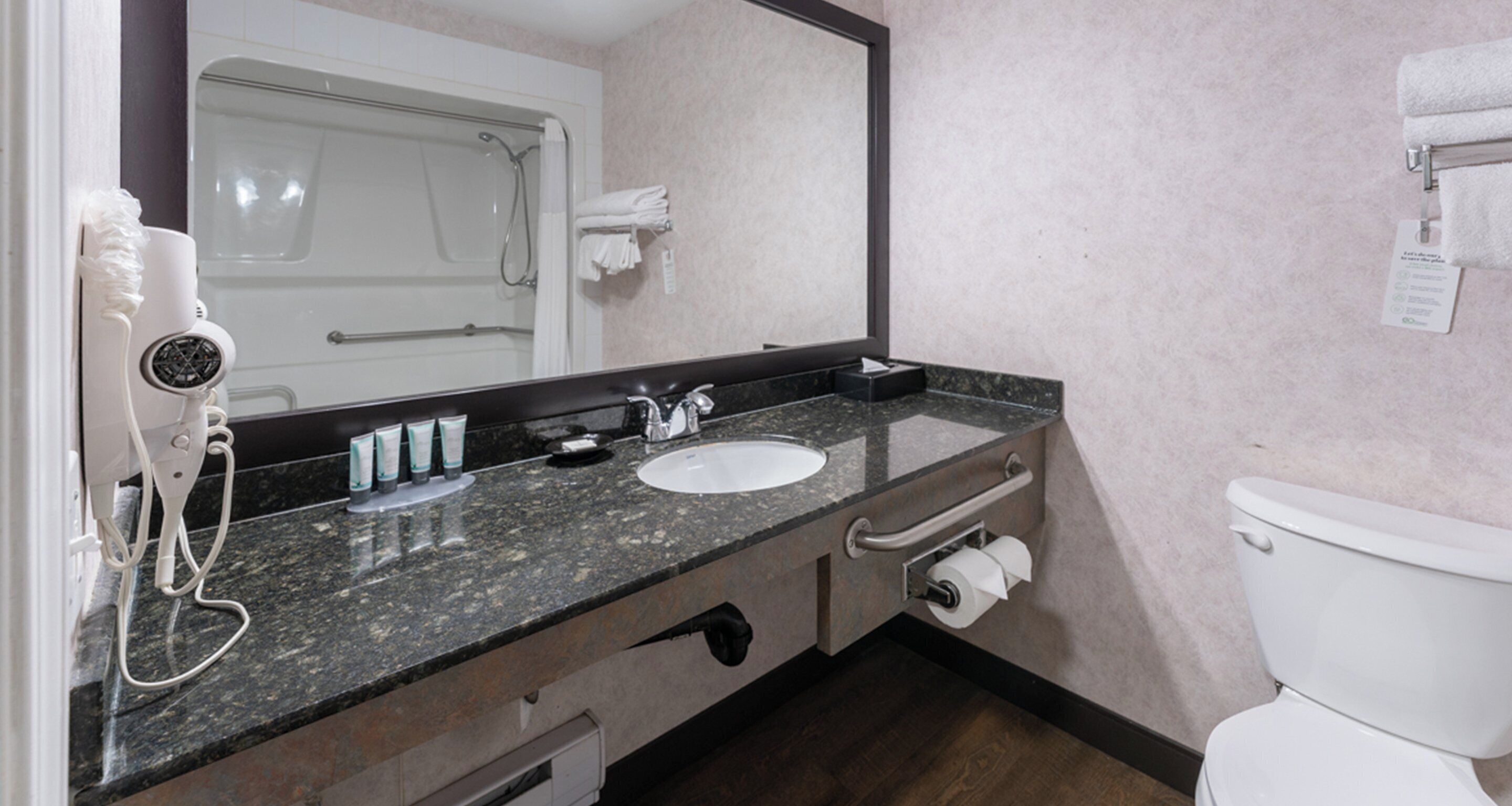 A bathroom with a white sink, a mirror, a hairdryer, and a toilet.