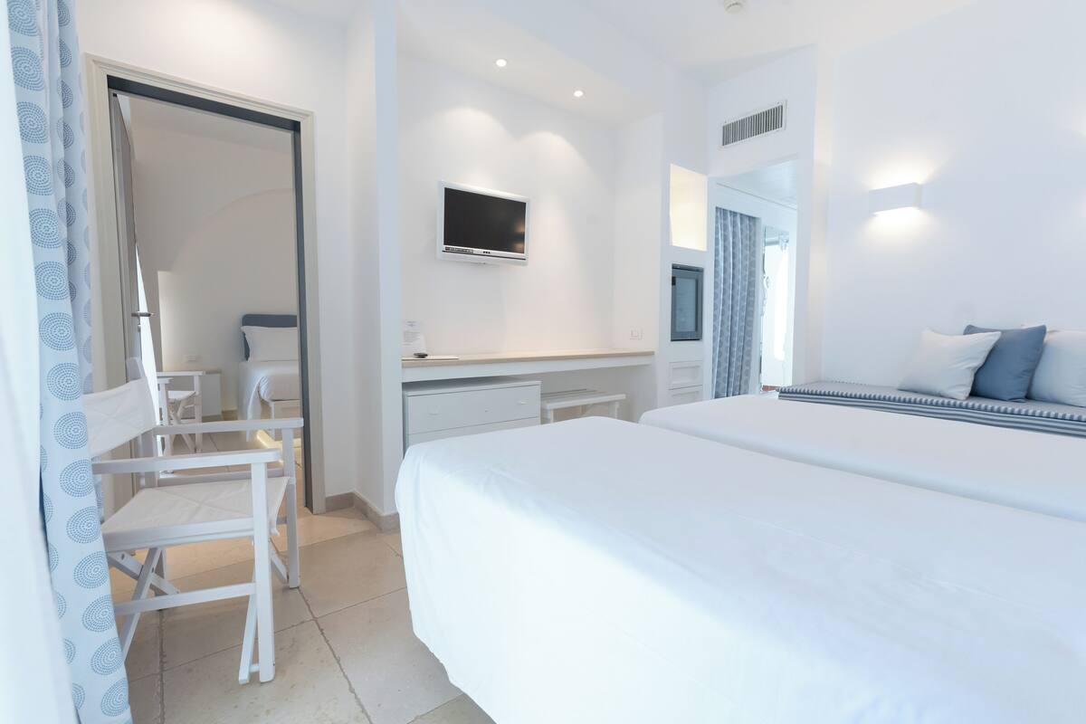 A hotel room with a bed, a desk, a chair, a TV, and a mirror.