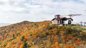 A mountain lodge with a large observation tower and a ski lift.