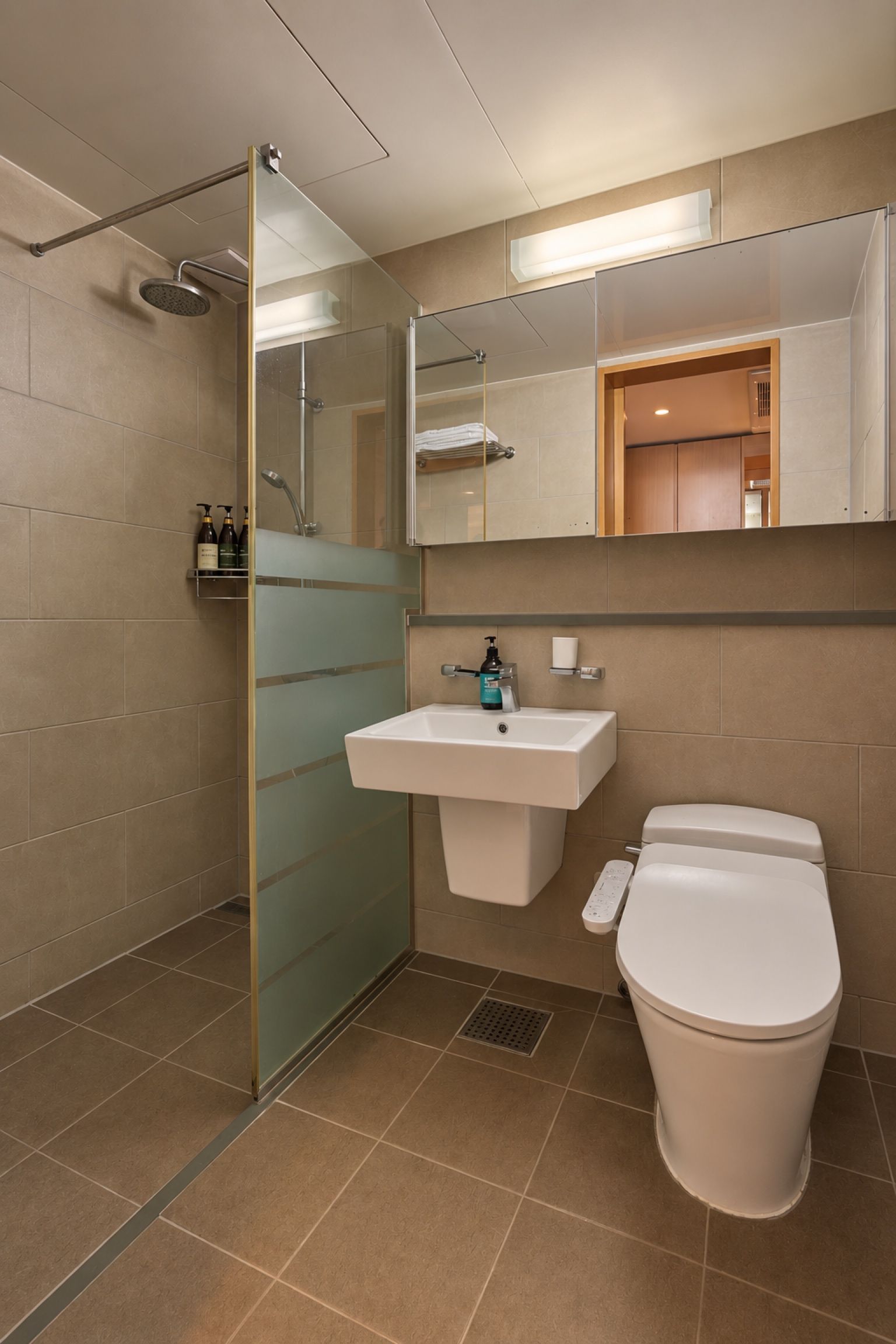 Un baño moderno con ducha envuelta en vidrio, un lavamanos blanco y un inodoro.