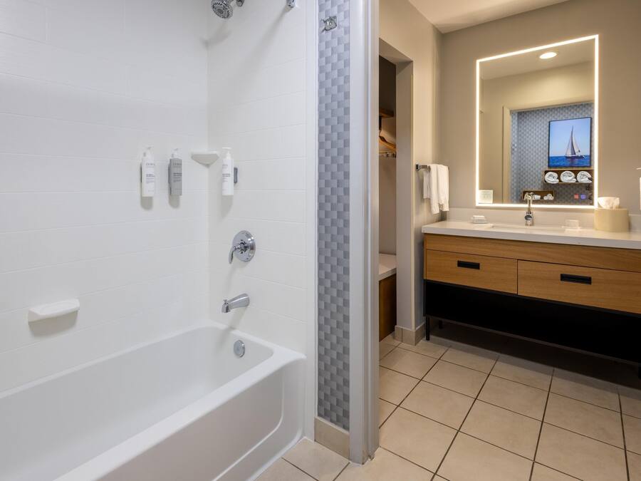 A modern bathroom with a bathtub, a shower, and a vanity with a mirror.