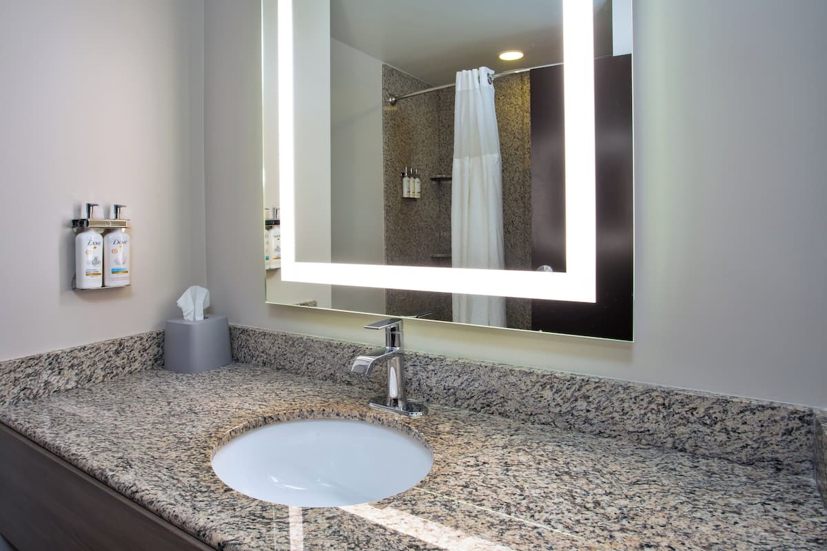 Combined shower/bathtub, free toiletries, hair dryer, towels