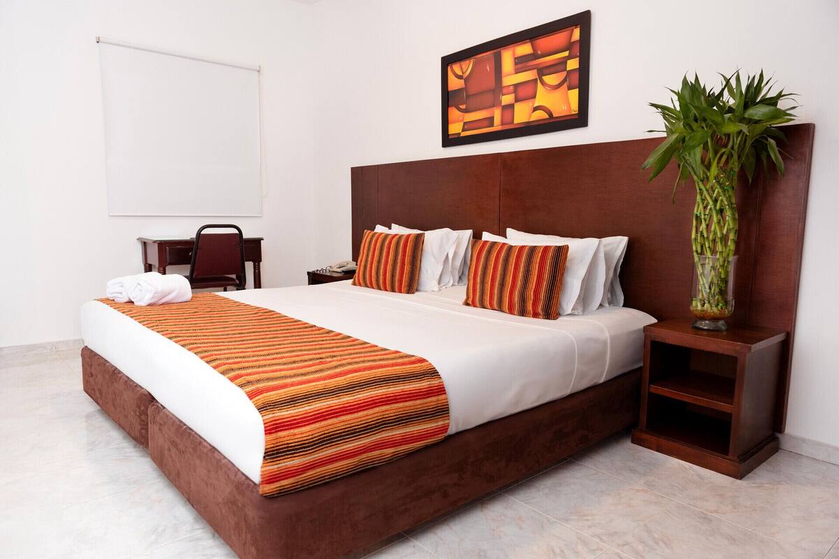 Habitación de hotel con una cama grande, cabecera de madera, mesita de noche, una silla, escritorio, planta en maceta y un cuadro en la pared.