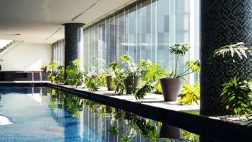 Alberca techada y camastros