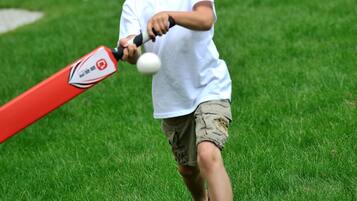 A child playing with a baseball bat in a grassy area.