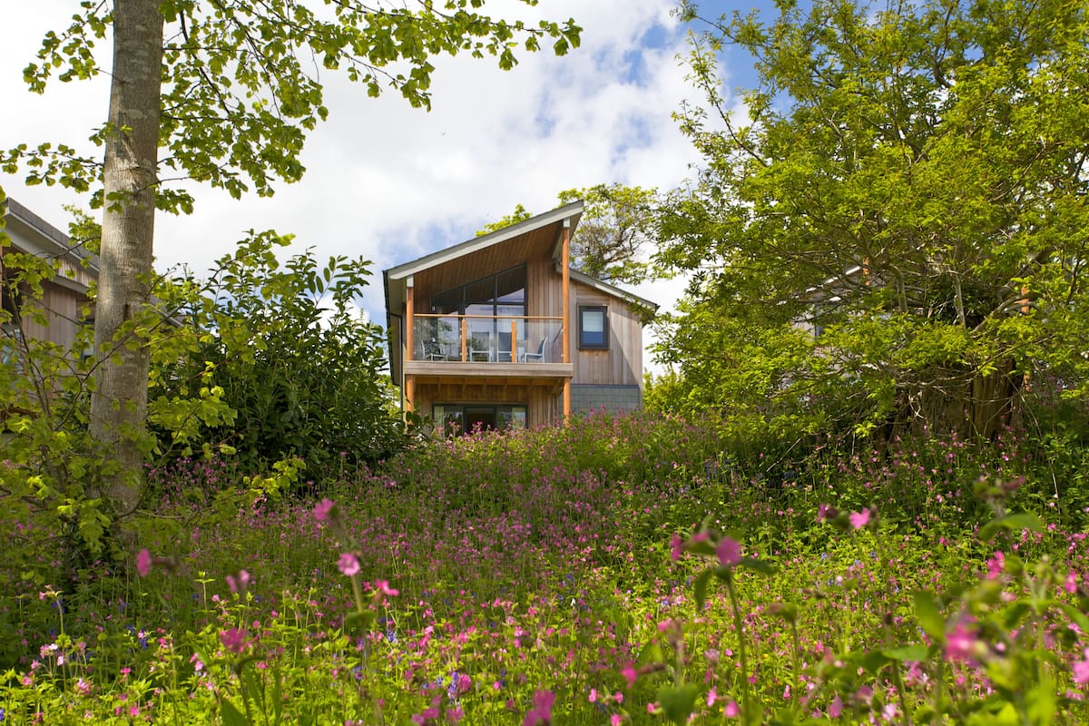 A modern house with a large balcony, surrounded by lush greenery and wildflowers.
