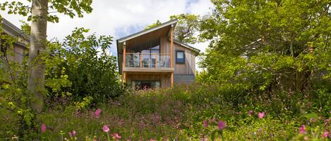 A modern house with a large balcony, surrounded by lush greenery and wildflowers.
