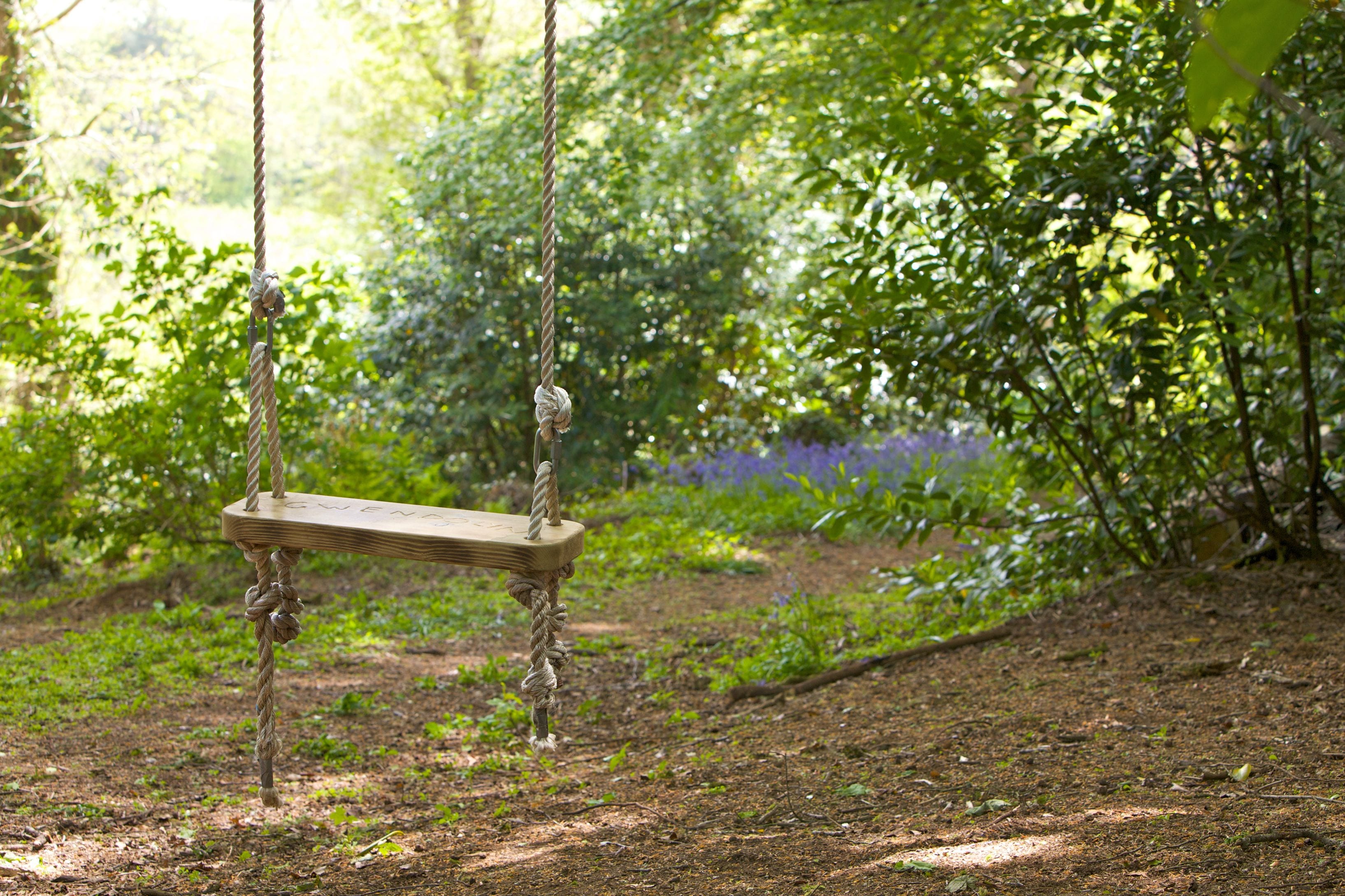 A wooden swing suspended by thick ropes in a wooded area with dense foliage and a dirt ground.