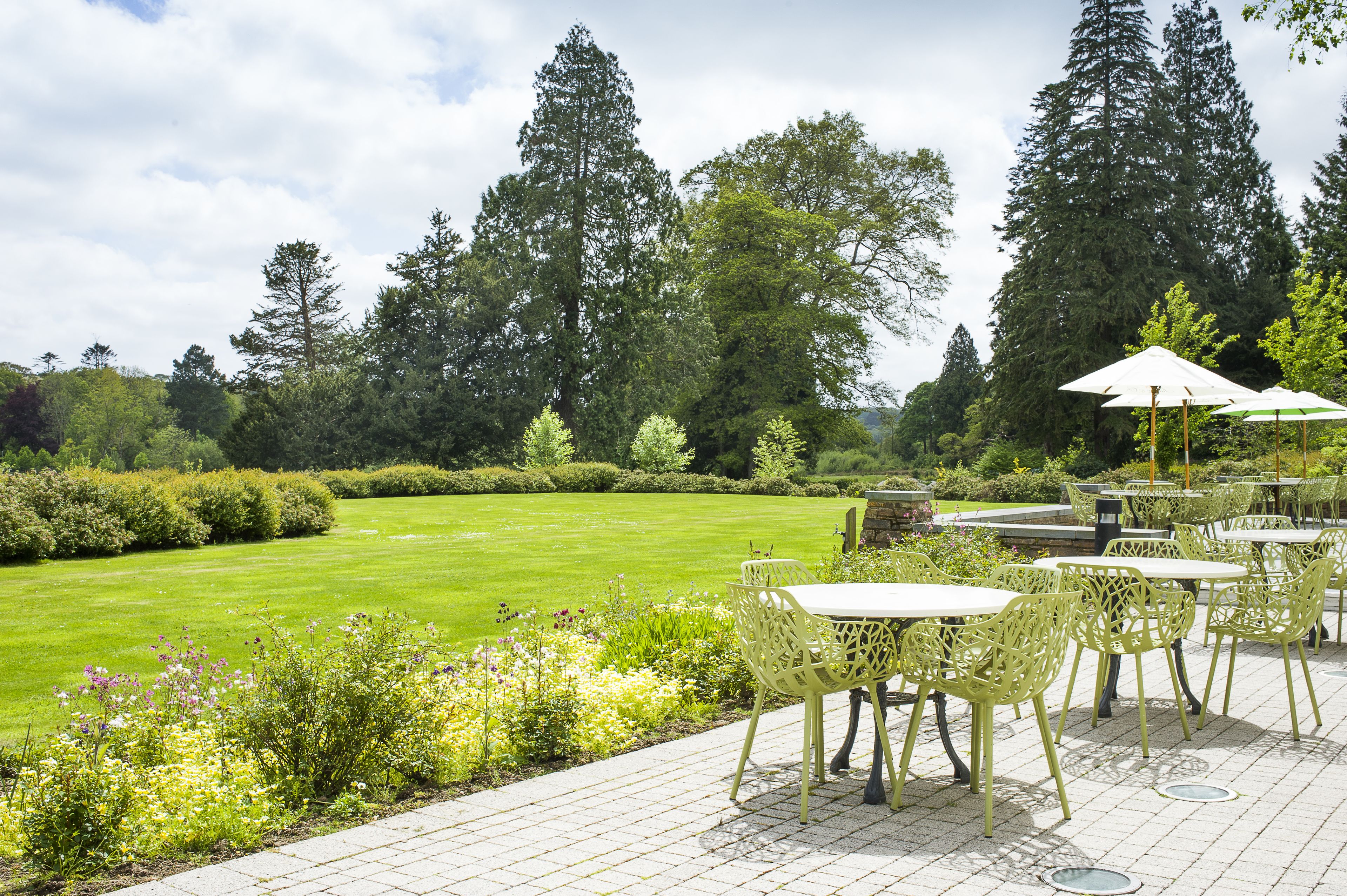A patio area with tables and chairs, surrounded by a well-maintained lawn and tall trees.