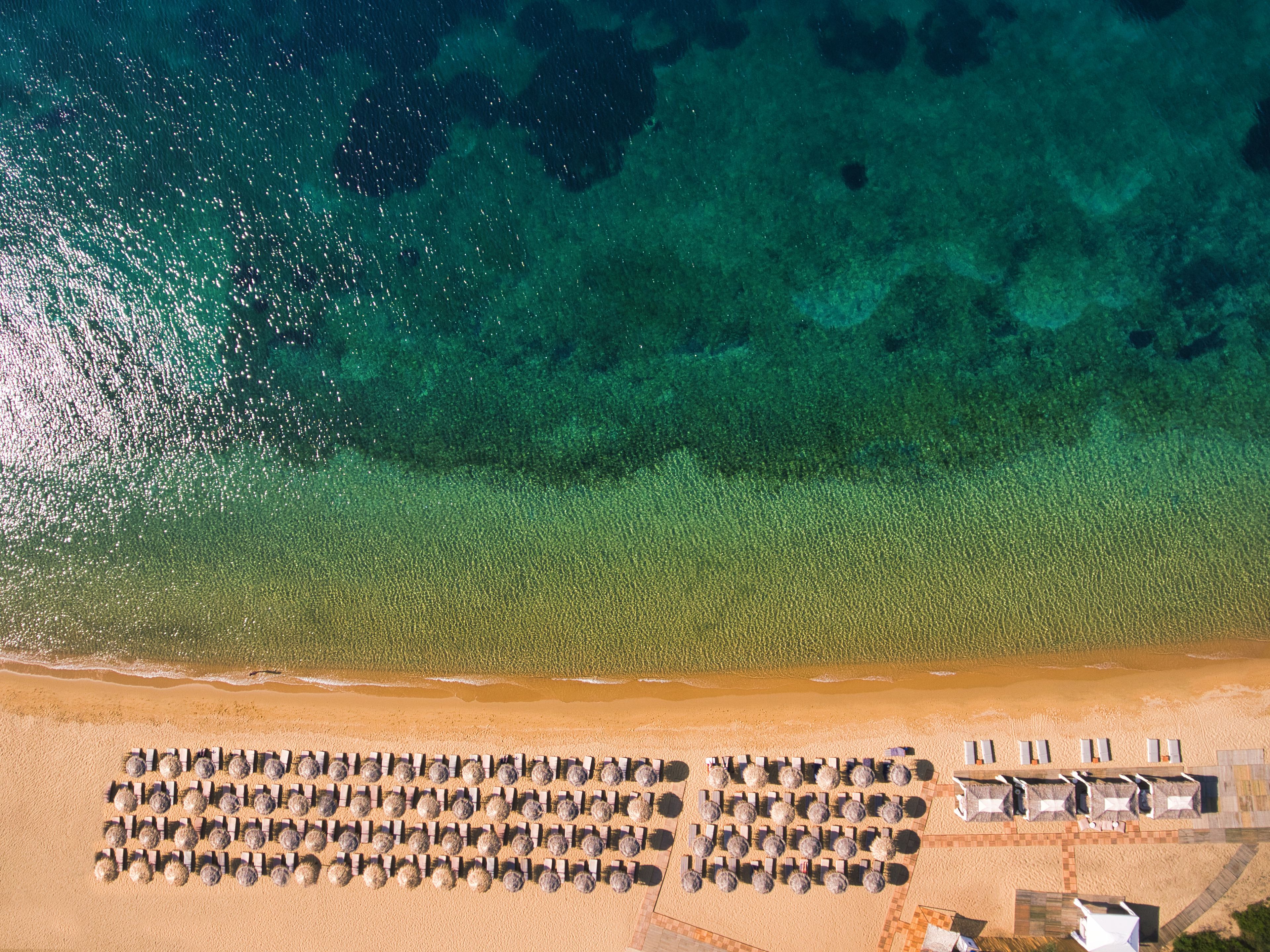 Vista aérea de una playa con filas de tumbonas y sombrillas, un mar azul cristalino y una orilla arenosa.