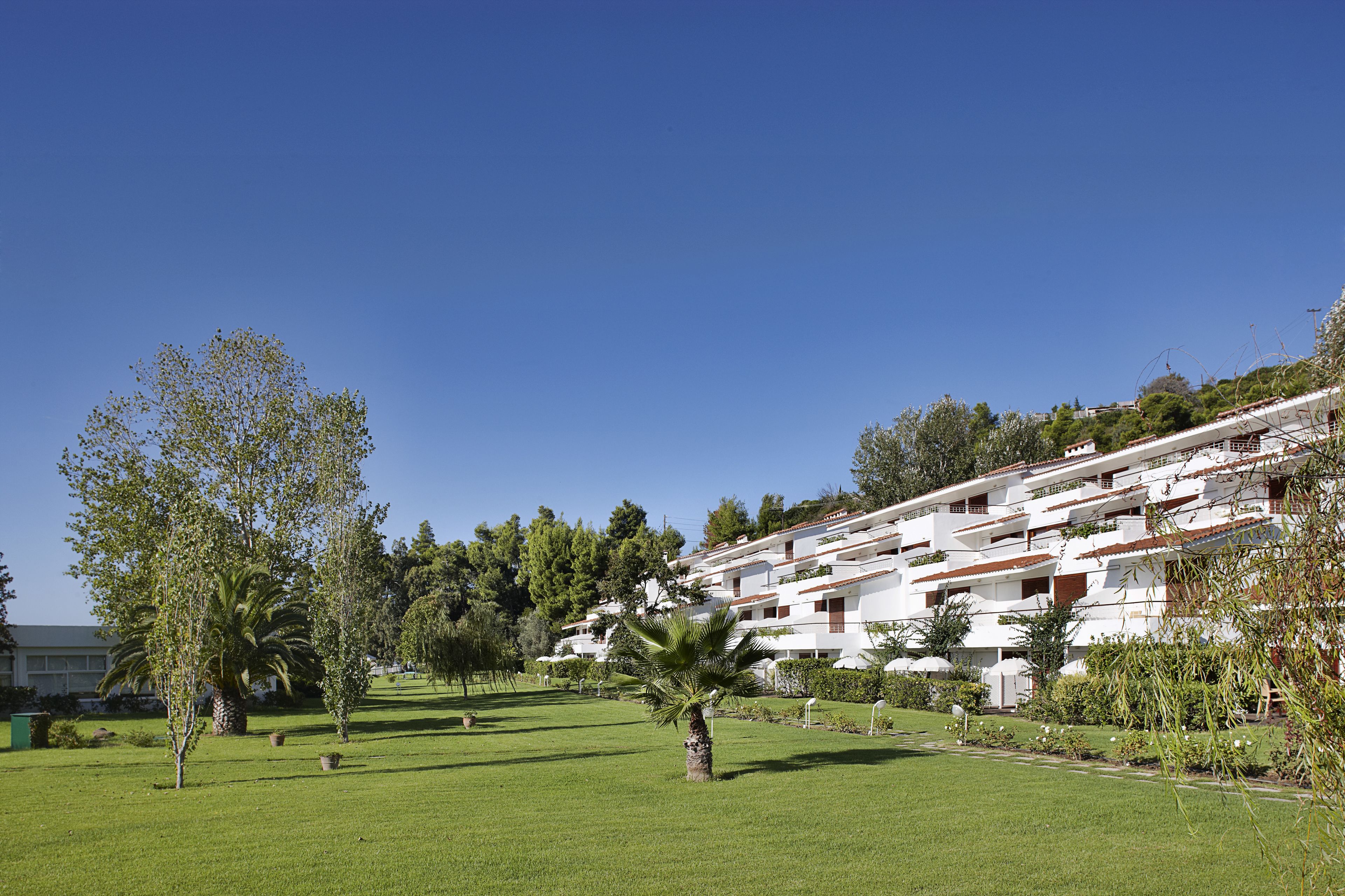 Un hotel de varios pisos con un jardín, incluyendo palmeras y césped bien cuidado.