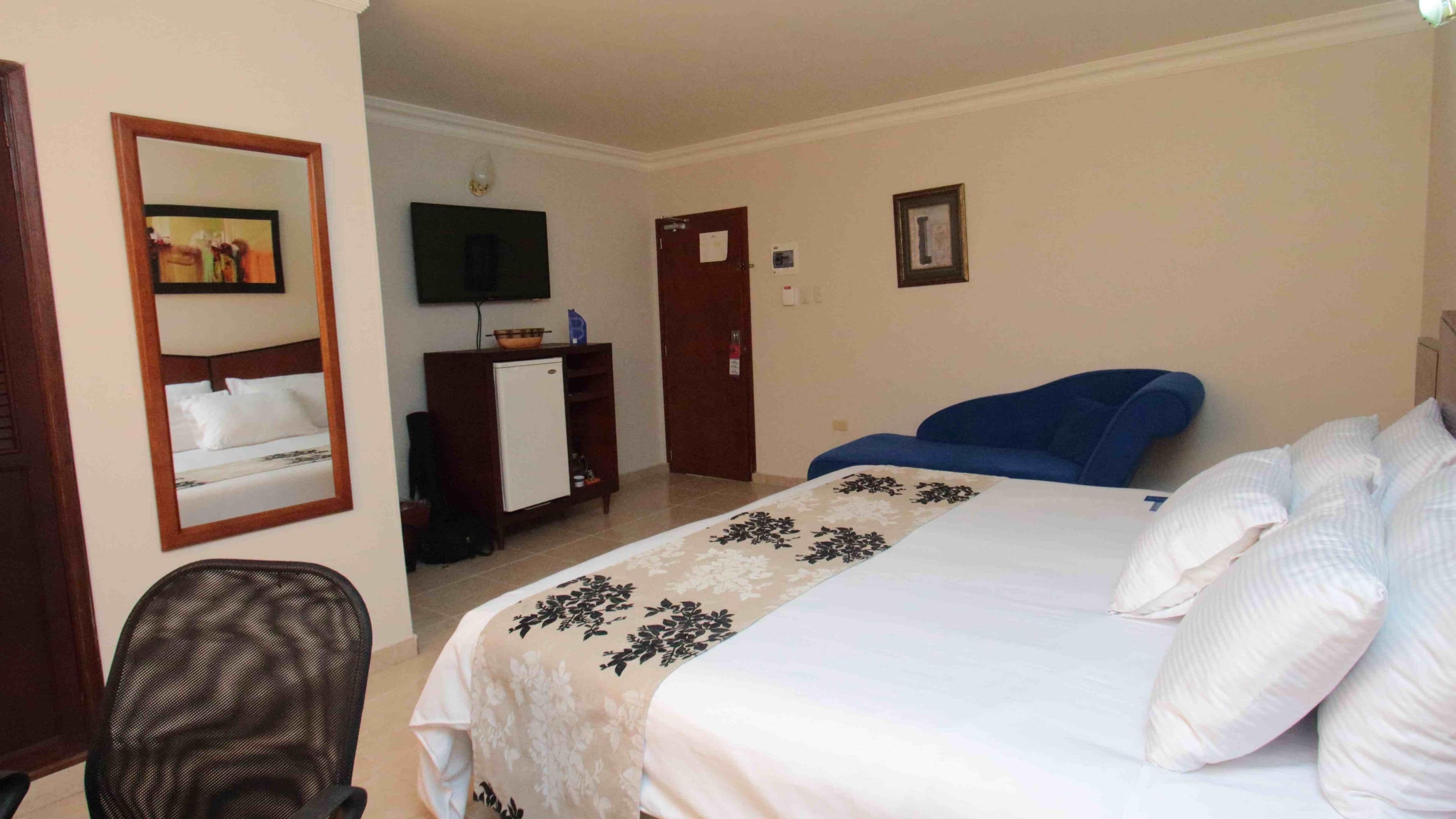 A hotel room with a bed, a chair, a television, a desk, and a door.