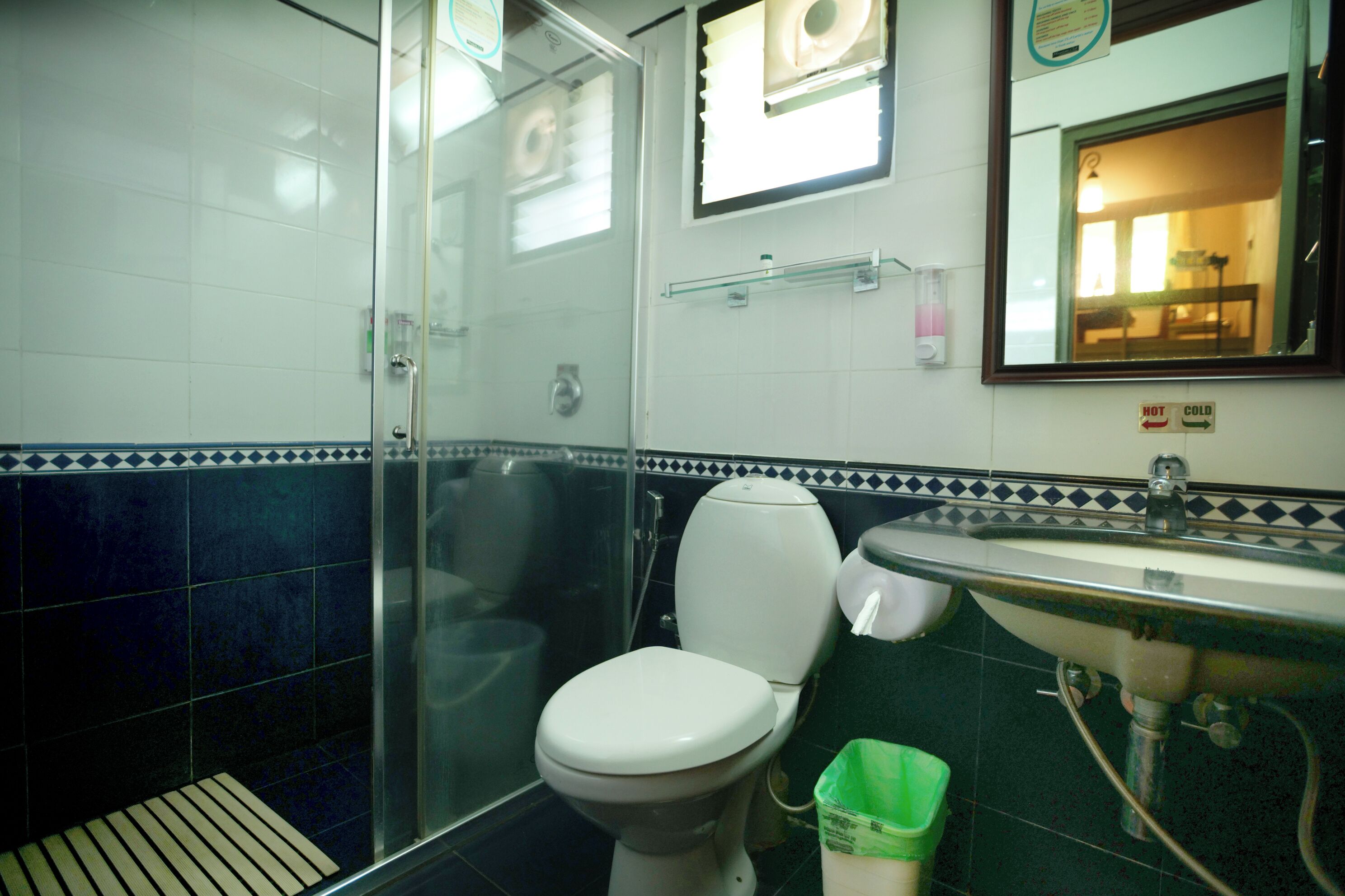 Een badkamer met een douchecabine van glas, een toilet en een wastafel.