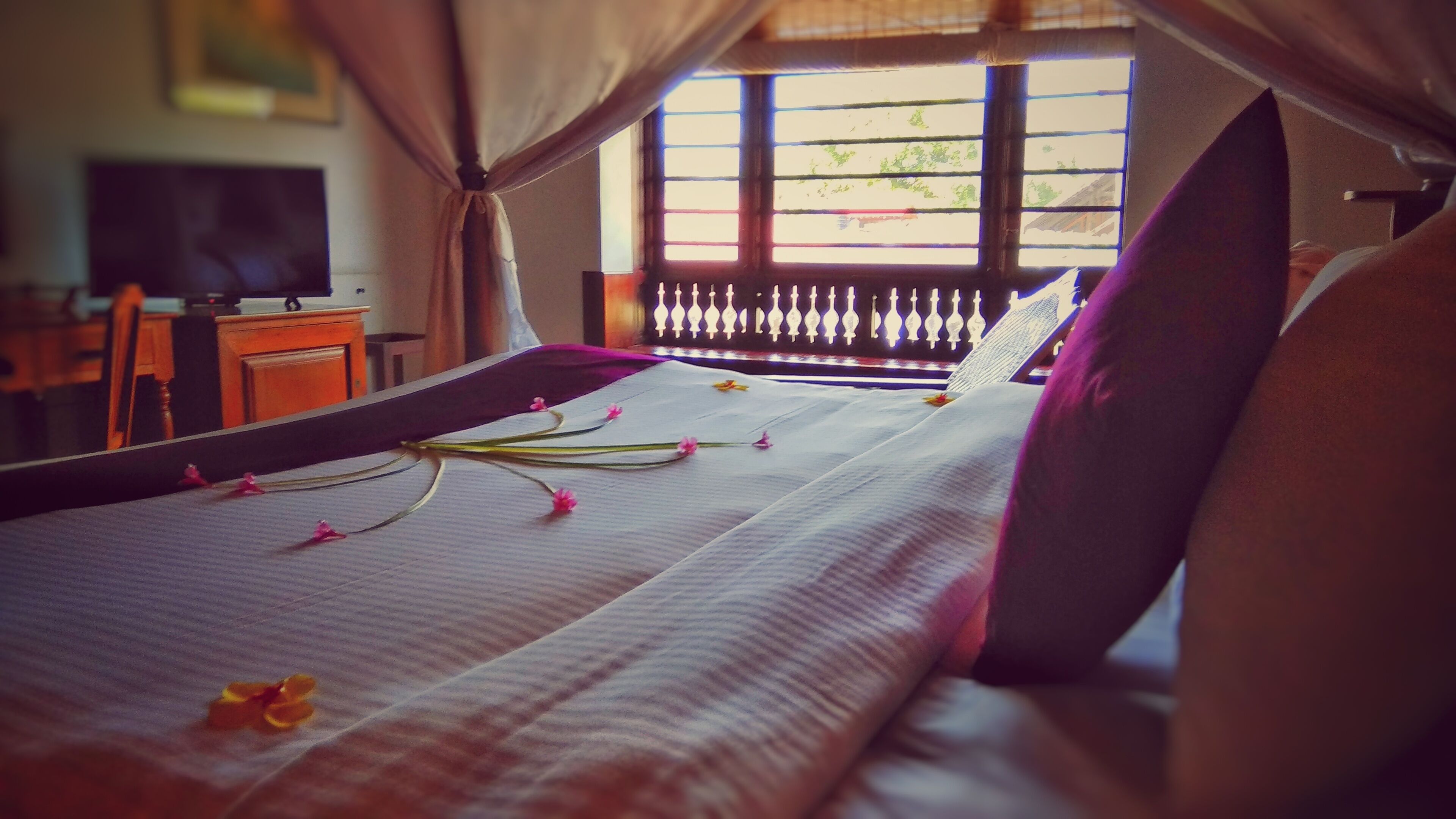 A hotel room with a bed, a desk, and a window with a view of greenery.