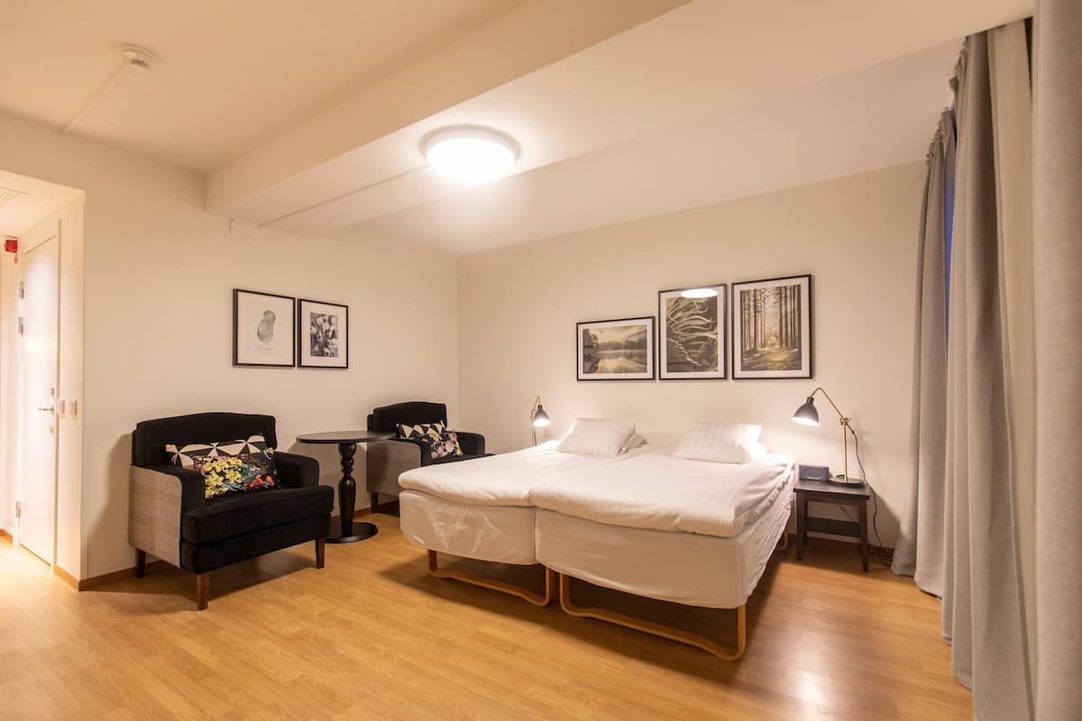 Habitación de hotel moderna con cama doble, sofá, una pequeña mesa y un escritorio. Se observan cuadros enmarcados en la pared y una lámpara en el techo.
