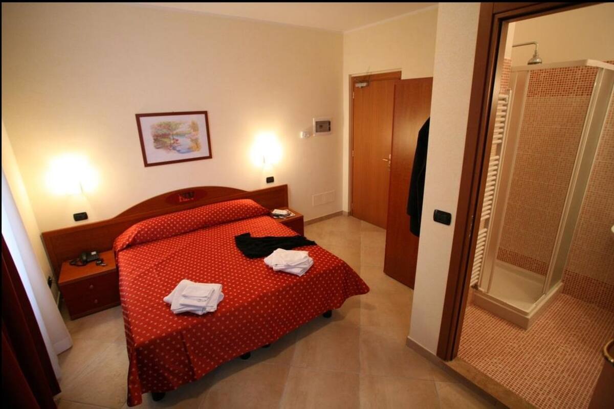 A hotel room with a bed, bedside tables, a nightstand, a framed picture on the wall, and a shower area.
