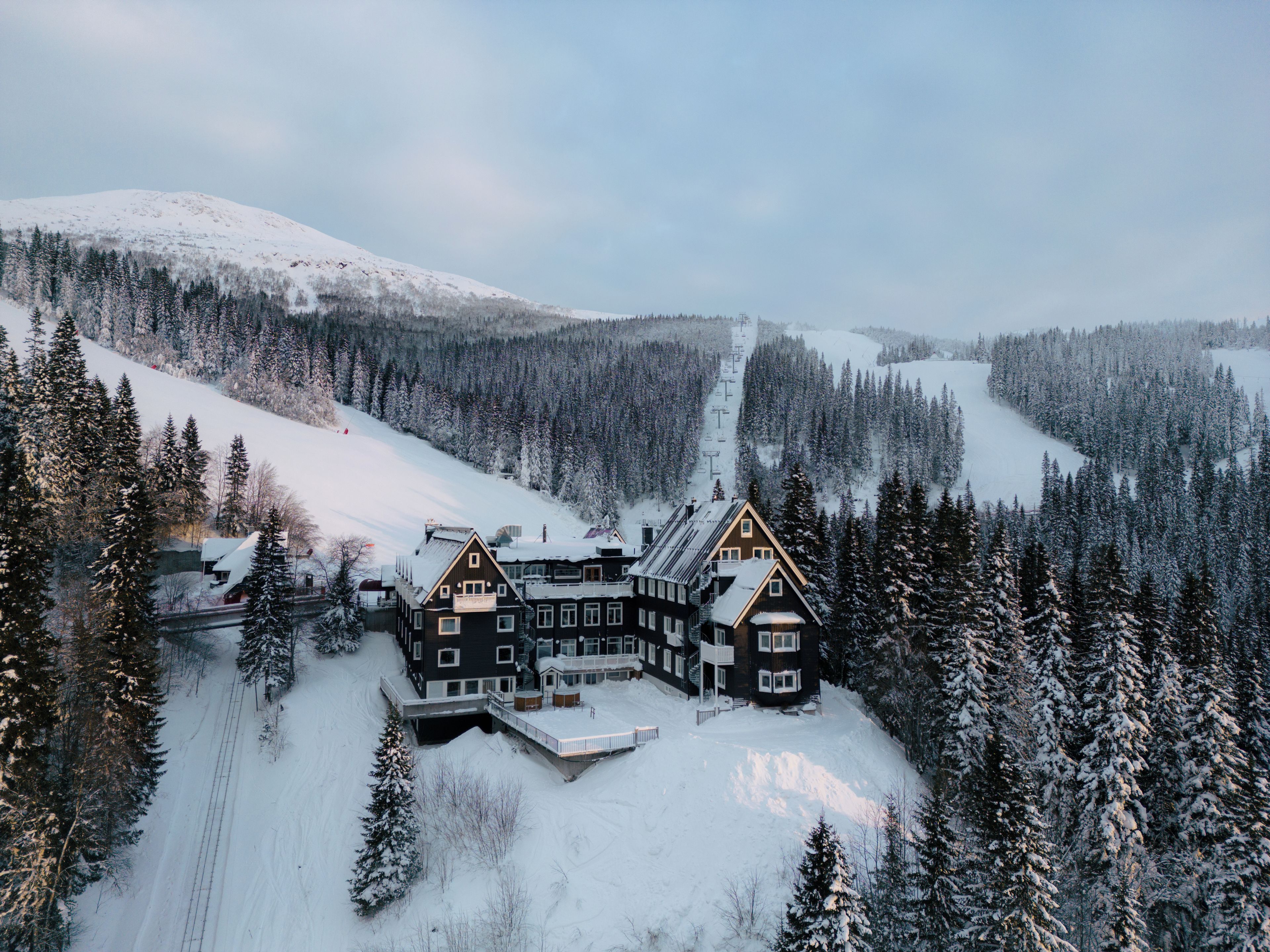 A large, multi-story lodge with a ski slope in the background.