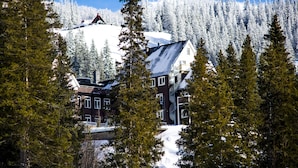 A lodge with a steep roof, surrounded by snow-covered trees and a mountain backdrop.