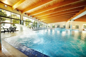 Indoor pool, seasonal outdoor pool, pool umbrellas, sun loungers