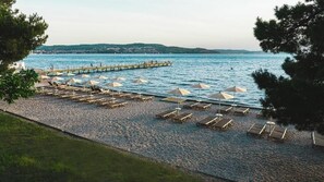 On the beach, beach umbrellas, beach volleyball, 2 beach bars