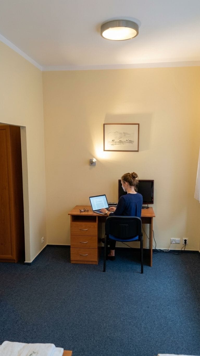 Una habitación con escritorio, silla, laptop, un cuadro en la pared y una puerta.