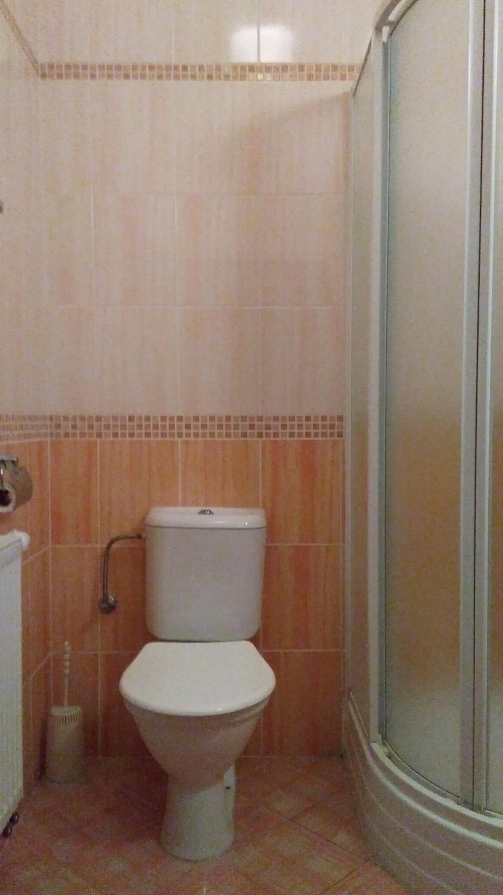 A bathroom with a toilet, a shower, and tiled walls.