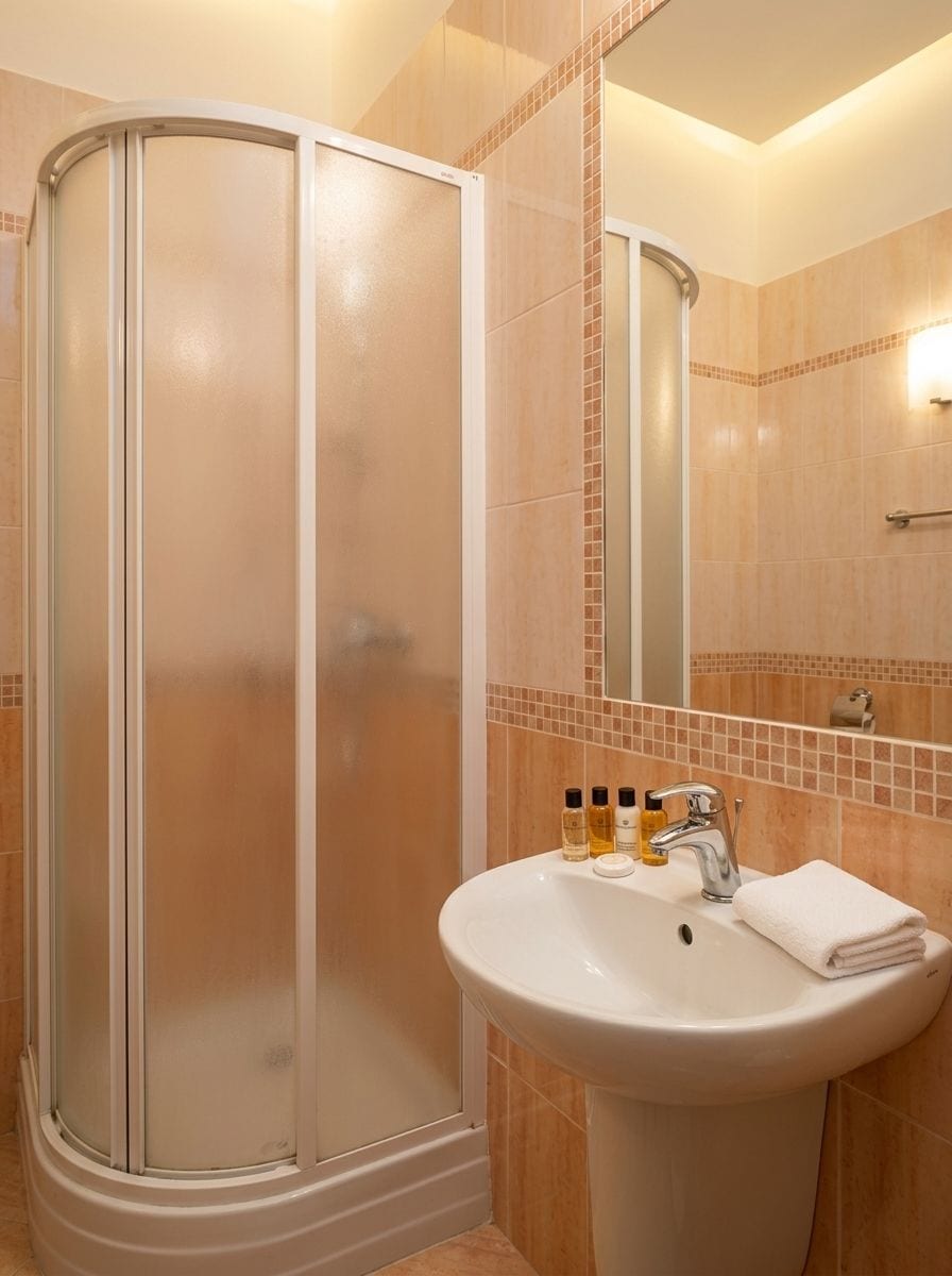 Un baño con ducha de vidrio, lavamanos con artículos de aseo y espejo.